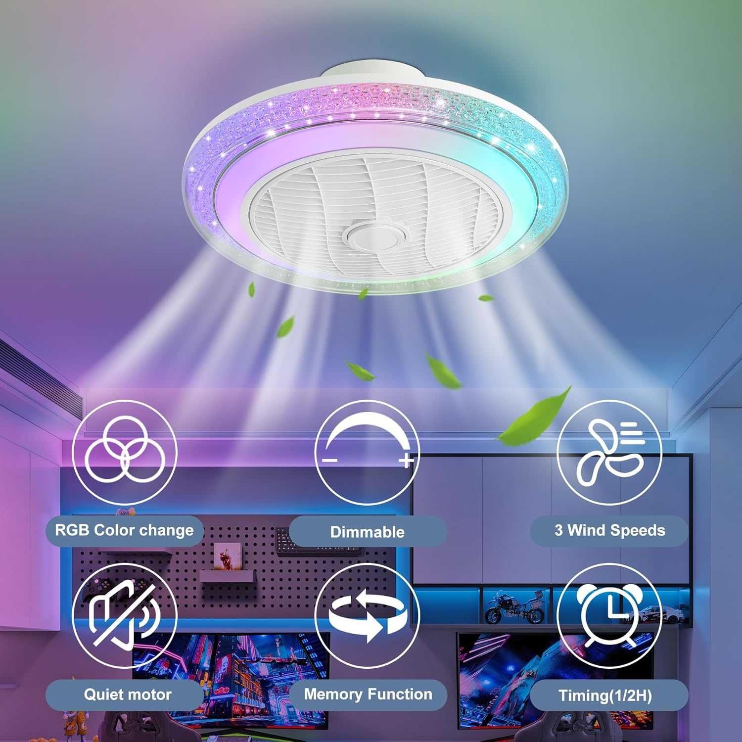 Вентилатор за таван със светлини RGB, 50 см модерен LED, бял