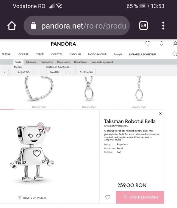 Vand Talisman Pandora Robotul Bella