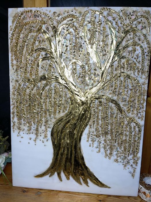 авторская декоративная картина с текстурой и смалой и золотыми камнями