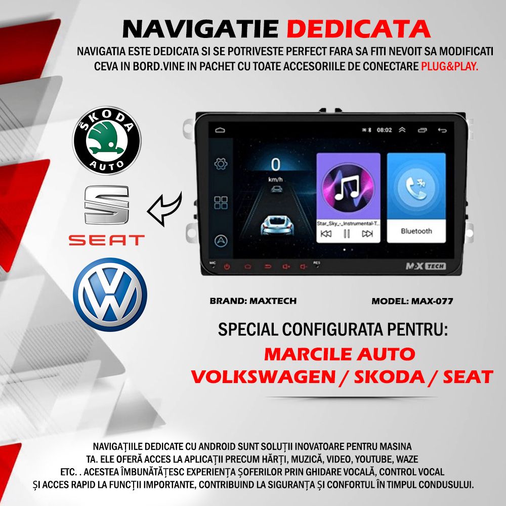 Navigatie Android Volkswagen Skoda Seat dedicata, WIFI,GPS,USB, BT