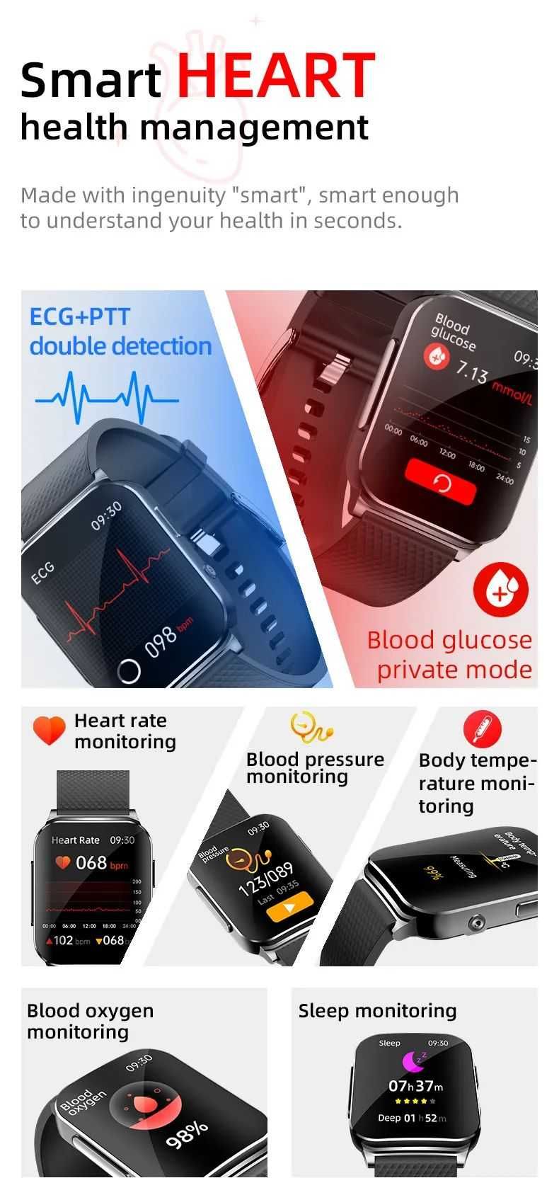 Ceas masurare glicemie fara intepare, puls, TA, EKG