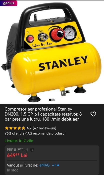 Compresor aer Stanley 180l/min 6 l cu garanție 3 ani
