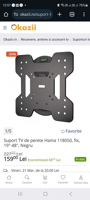 Suport TV de perete fix Hama 118050, 19 - 48" inch, Negru NOU 99 Lei