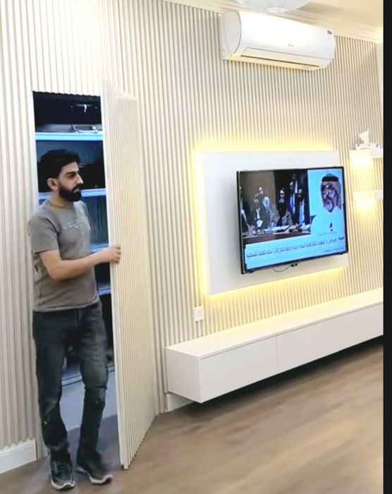 TV zona орнатамыз. Установка ТВ зона лувр шпон панел