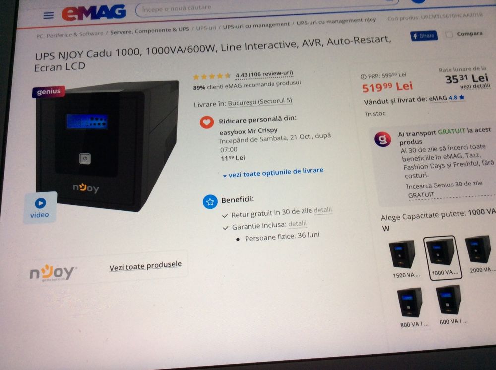 UPS NJOY Cadu 1000, 1000VA/600W, Line Interactive, AVR, Auto-Restart..