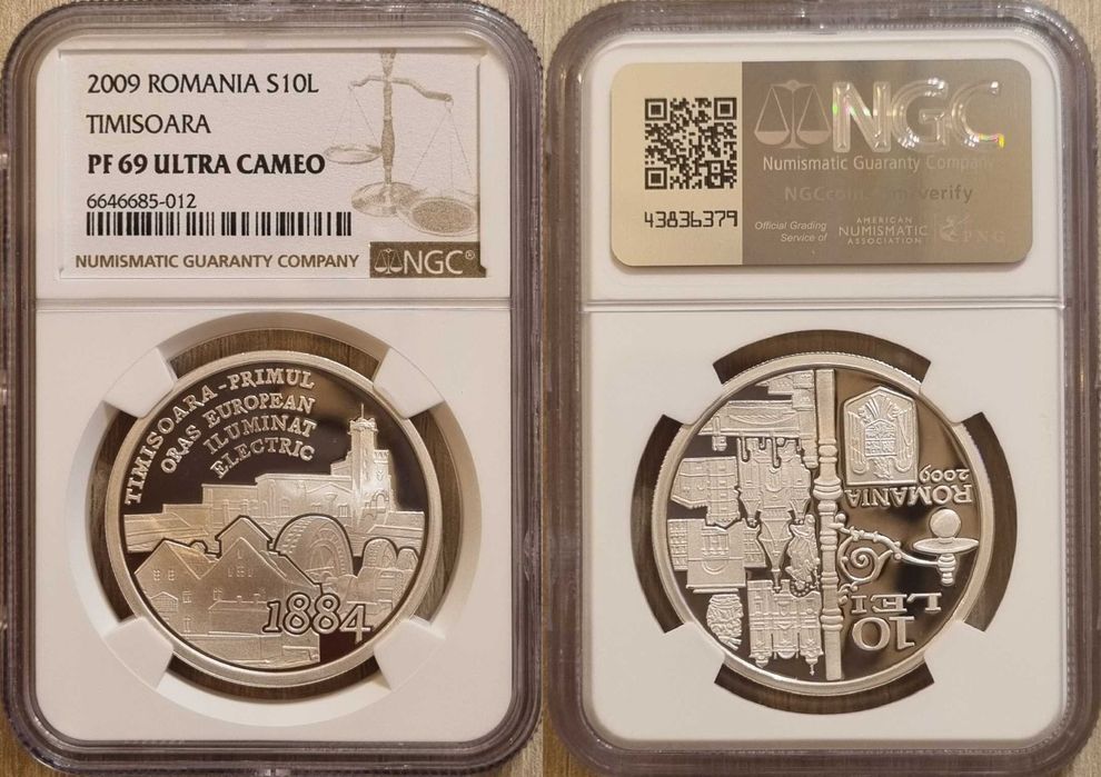 Moneda BNR 10 lei argint Timisoara primul oras... gradata NGC PF 69 UC