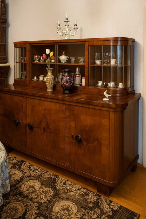 Bufet vitrină Art Deco interbelic 1930, lemn masiv, cristal piesă rară