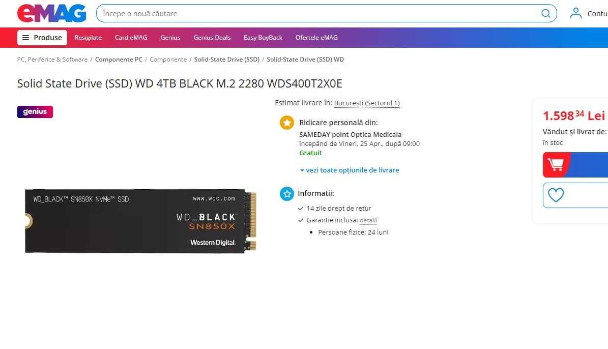 WD BLACK SN850X SIGILAT 4TB M.2 PCIe 4.0 7300MB/s gaming