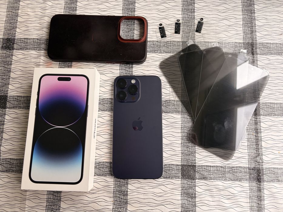 iPhone 14 PRO MAX 256 eSim + ориг кожен калъф + 7 скрийн протектора