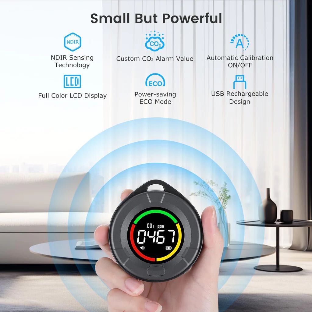 Преносим  CO₂ детектор, USB зареждане, мониторинг на въздуха smart