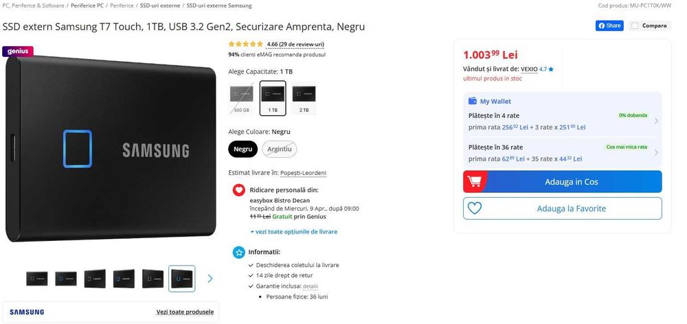 SSD extern Samsung T7 Touch, 1TB