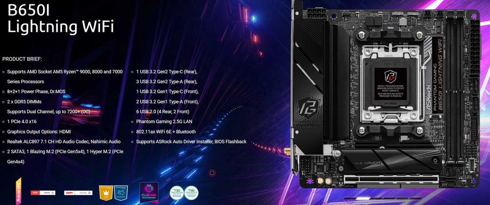 mITX combo: ASRock B650I Lightning WiFi AM5 + AMD Ryzen 7600 (noi!)