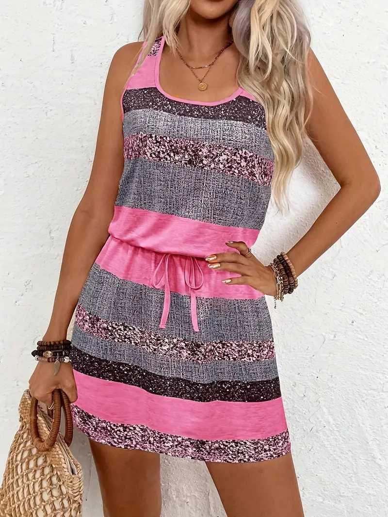 Rochie în Dungi cu Accente Roz, Material Ușor ,PrimăvarăVară