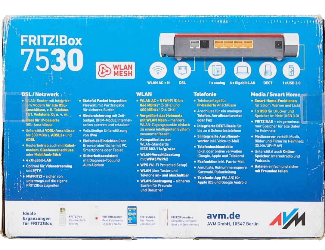 Рутер FritzBox7530, 3G+4G (LTE) 4xGigabit-Ethernet 10/100/1000 Base-T