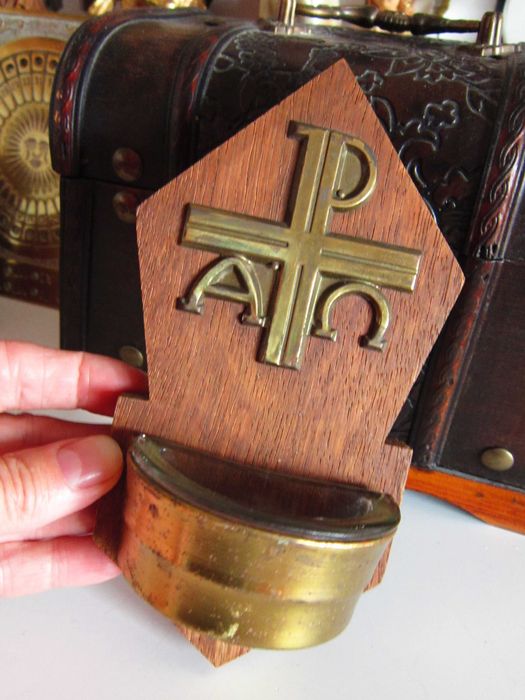 cadou rar colectie Holy Water Decor lemn,bronz si sticla Germania 1960