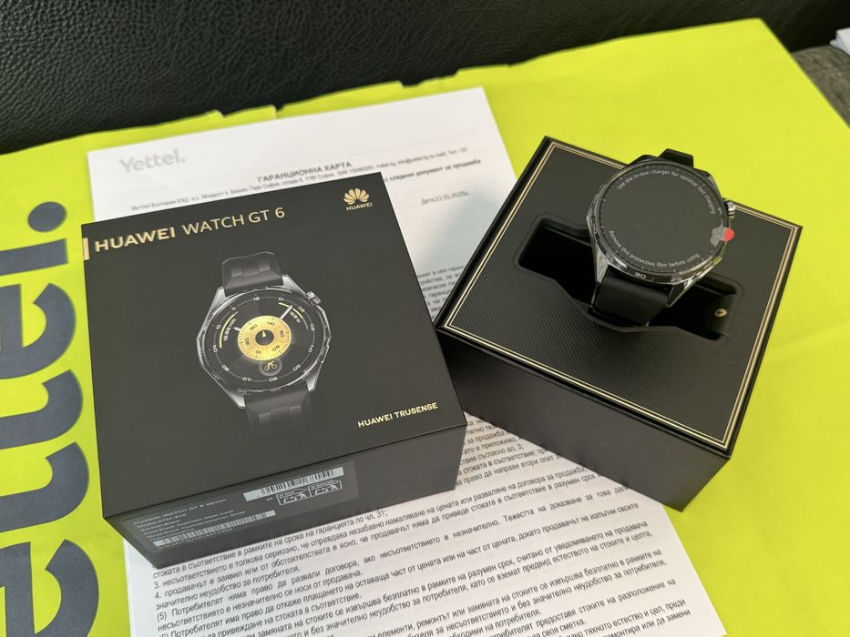 ЧИСТО НОВ 46mm Huawei Watch GT 6 Yettel Гаранция 2027 г. Black GT6