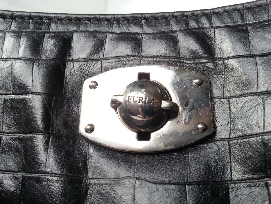 Furla 'New Appaloosa' Black Croc Embossed Leather дамска чанта