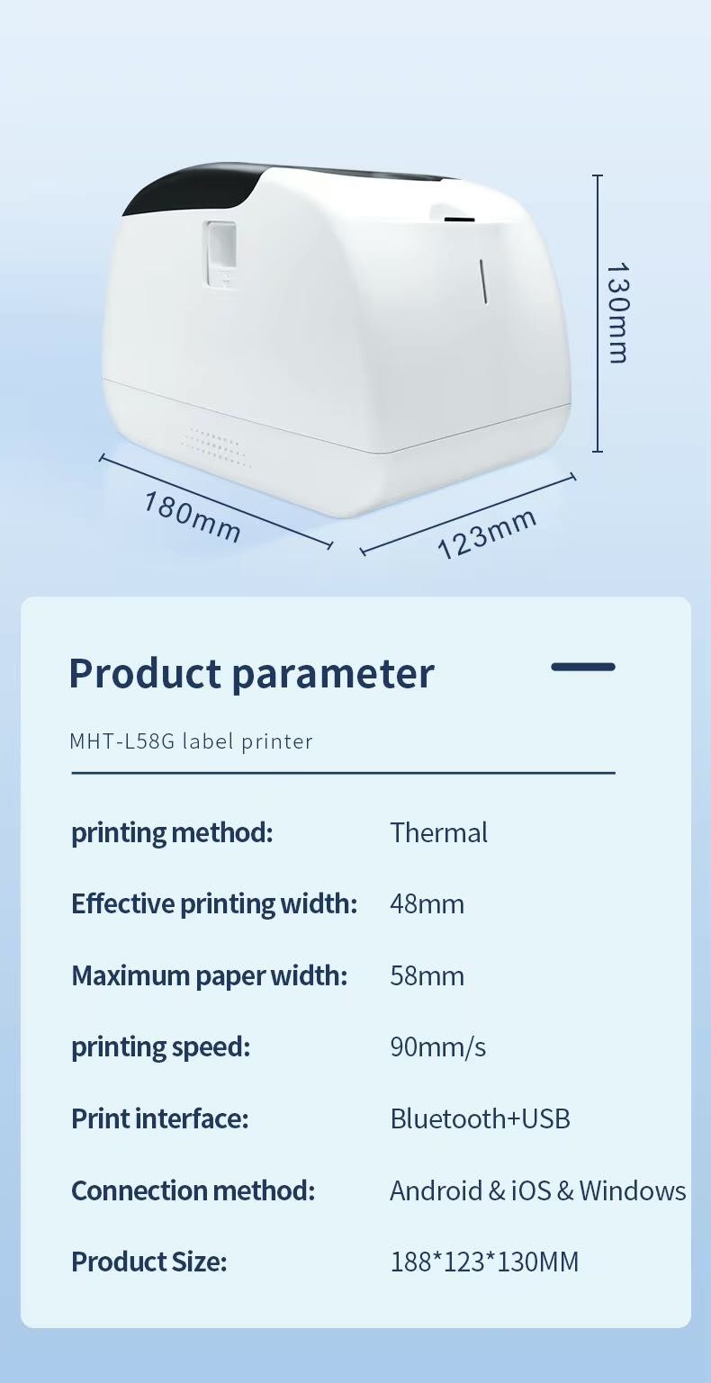 Термопринтер MHT-L80G, мобильный, USB Bluetooth 40-80 мм, бумага