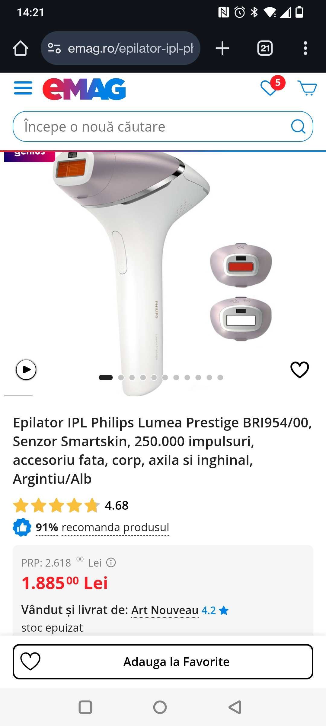 Epilator IPL Philips Lumea Prestige BRI954/00, senzor smartskin