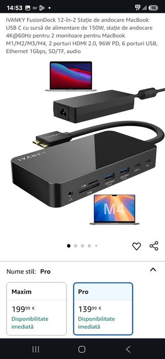 iVANKY FusionDock 12-în-2 Stație de andocare MacBook USB C, SIGILAT