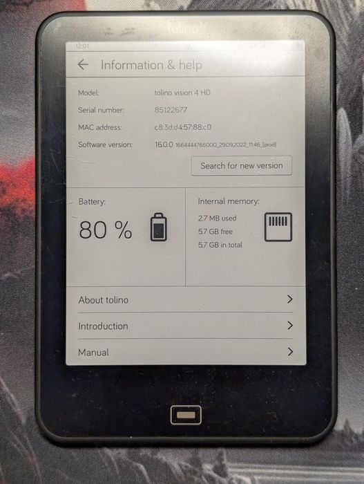 eBook Tolino Vision 4HD backlight defect