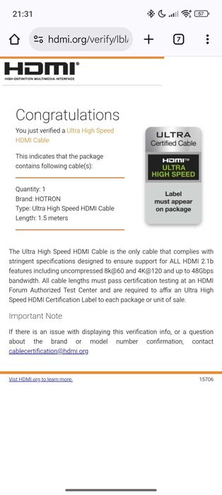 Cablu HDMI 2.1, 4k 120 Hz, 1.5m, Ceriticat si Sigilat