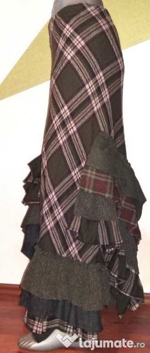 Fusta PatchWork superba lana kaki cadrilata franjurata asimetrica