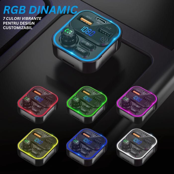 Modulator FM Bricheta NETSTAT® Bluetooth 5.3 QC3.0+PD20W RGB Negru