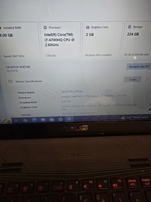 Laptop gaming Asus ROG GL552V I7 gen 6 8GB Ddr4 Gtx 960