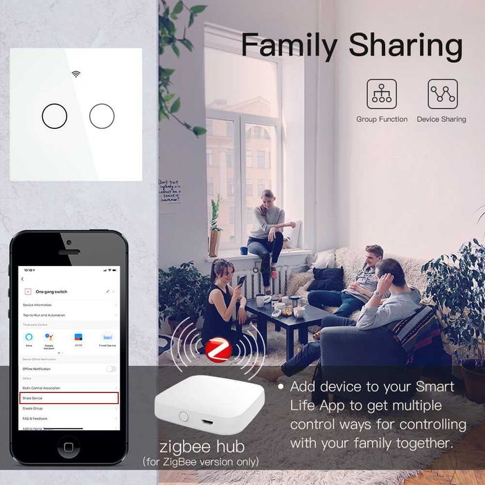 Intrerupator smart Zigbee 2 butoane fara nul sau condensator ALB/Negru