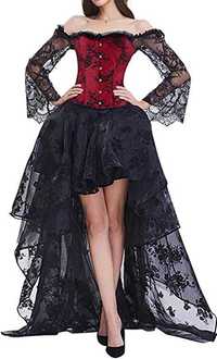 Set gotic compus din rochie neagra si corset rosu, brodat, XXL, noi