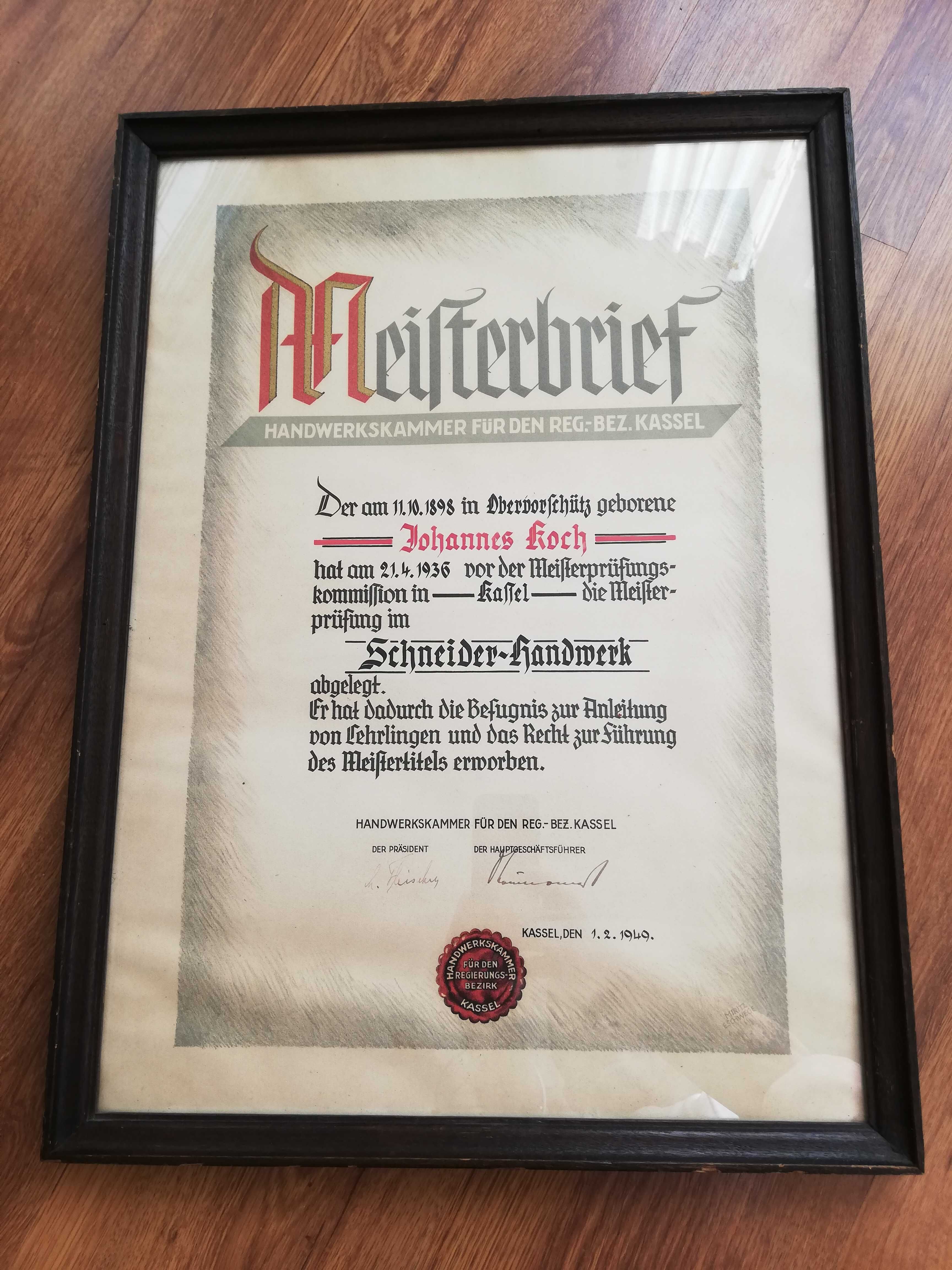 certificat de maestru in mestesugul croitoriei kassel den 1949 VINTAGE