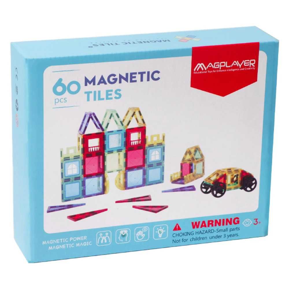 Set de Constructie Magnetic Tiles 3D, jucarii educationale, 60 Piese