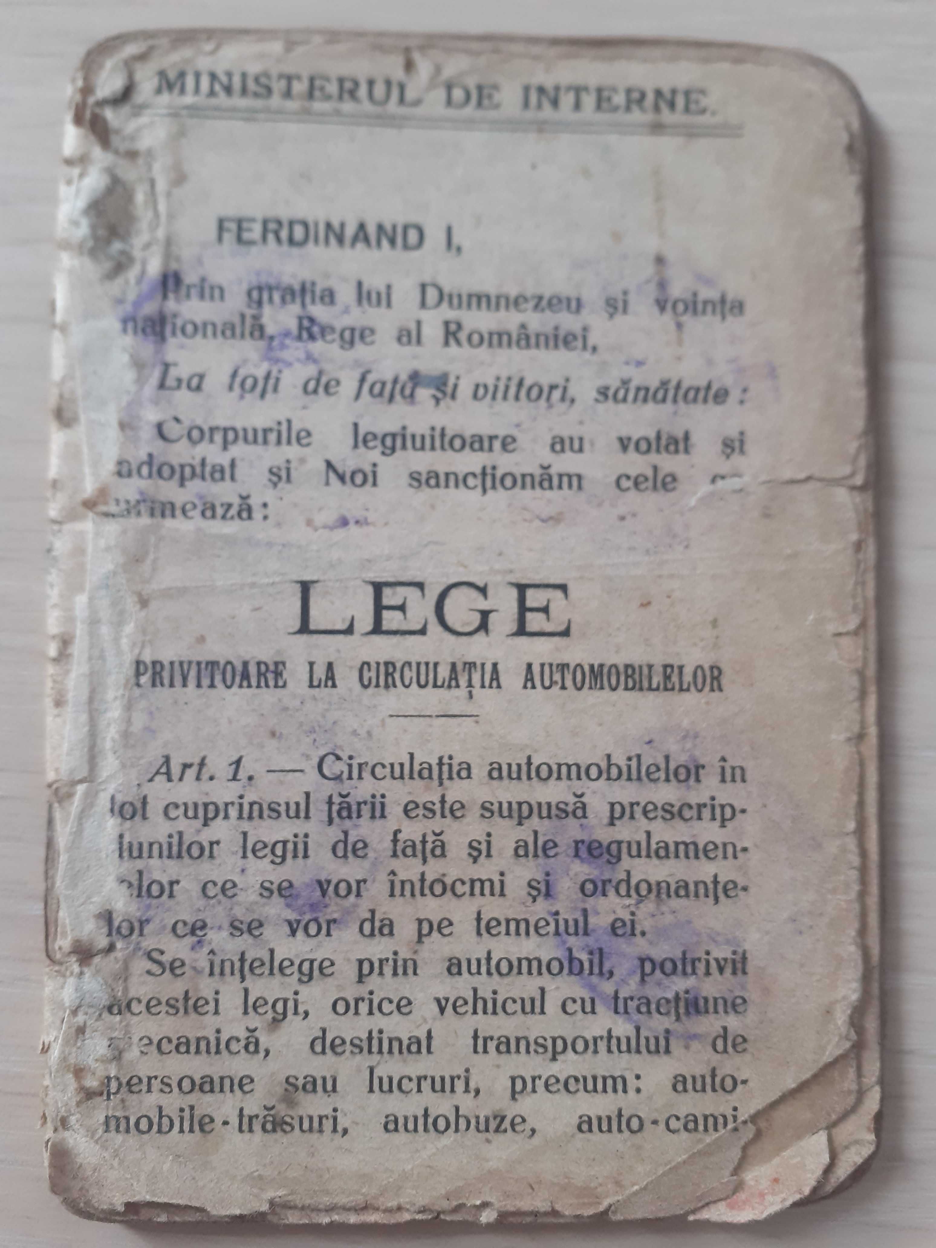 Vand carnet de conducere auto din 1926-domnia regelui Ferdinand I