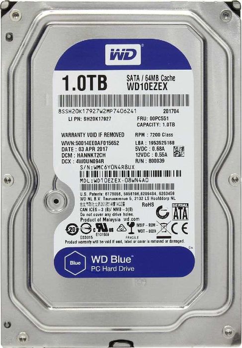 Жесткий диск Western Digital Blue WD 1 ТБ, 3.5", SATA III, 7200 об/мин