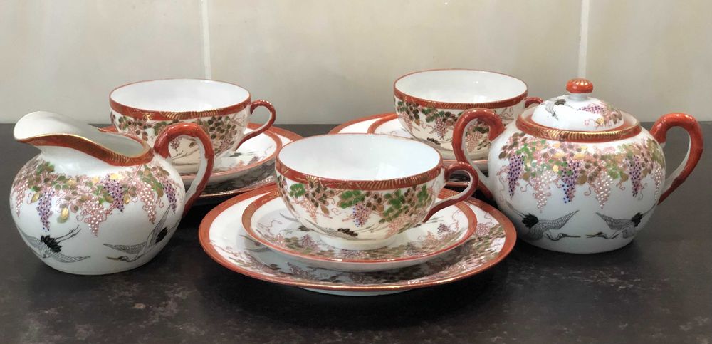 Serviciu cafea portelan japonez subtire, coaja ou,pictat manual,marcat