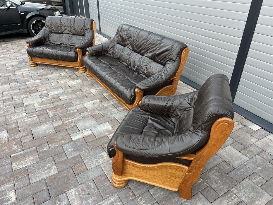 Set canapea canapele 3 - 2 - 1 Lemn Masiv + PIELE Naturala Rustic