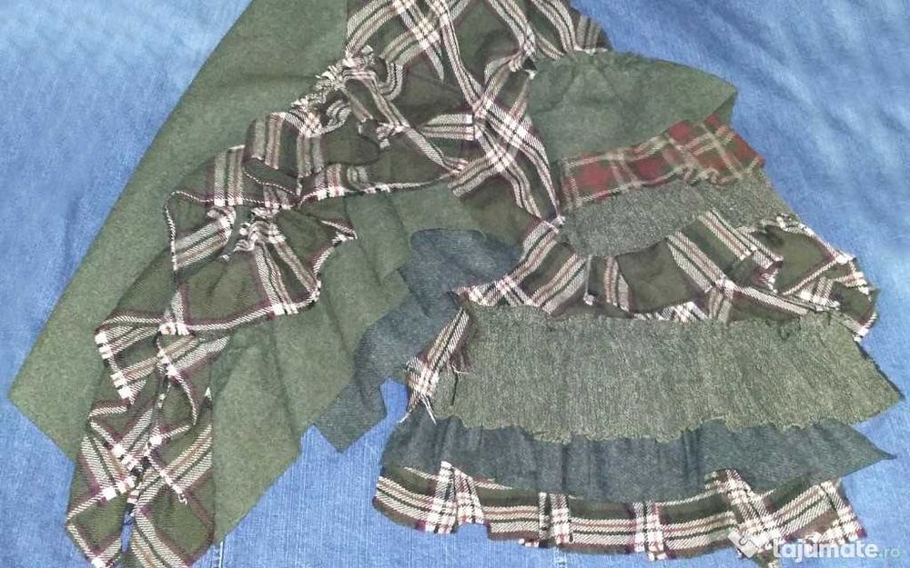 Fusta PatchWork superba lana kaki cadrilata franjurata asimetrica