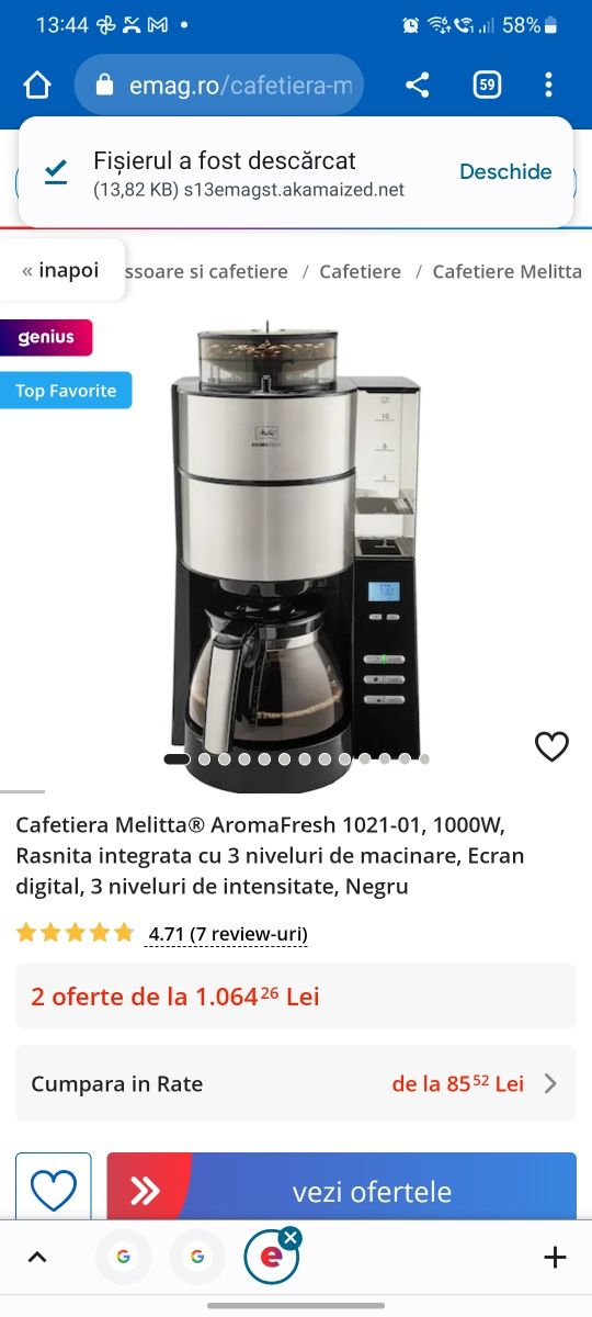 Cafetiera Melitta AromaFresh 1021-01, 1000W, Rasnita integrata cu 3 n