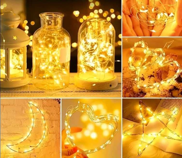 LED лампички с USB зареждане – 10 м, топла бяла светлина за декорация