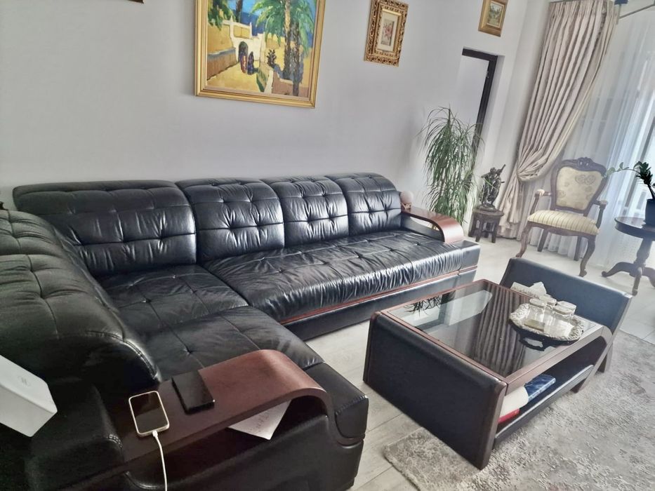 Set living complet Canapea colțar + masă de cafea piele naturală lemn