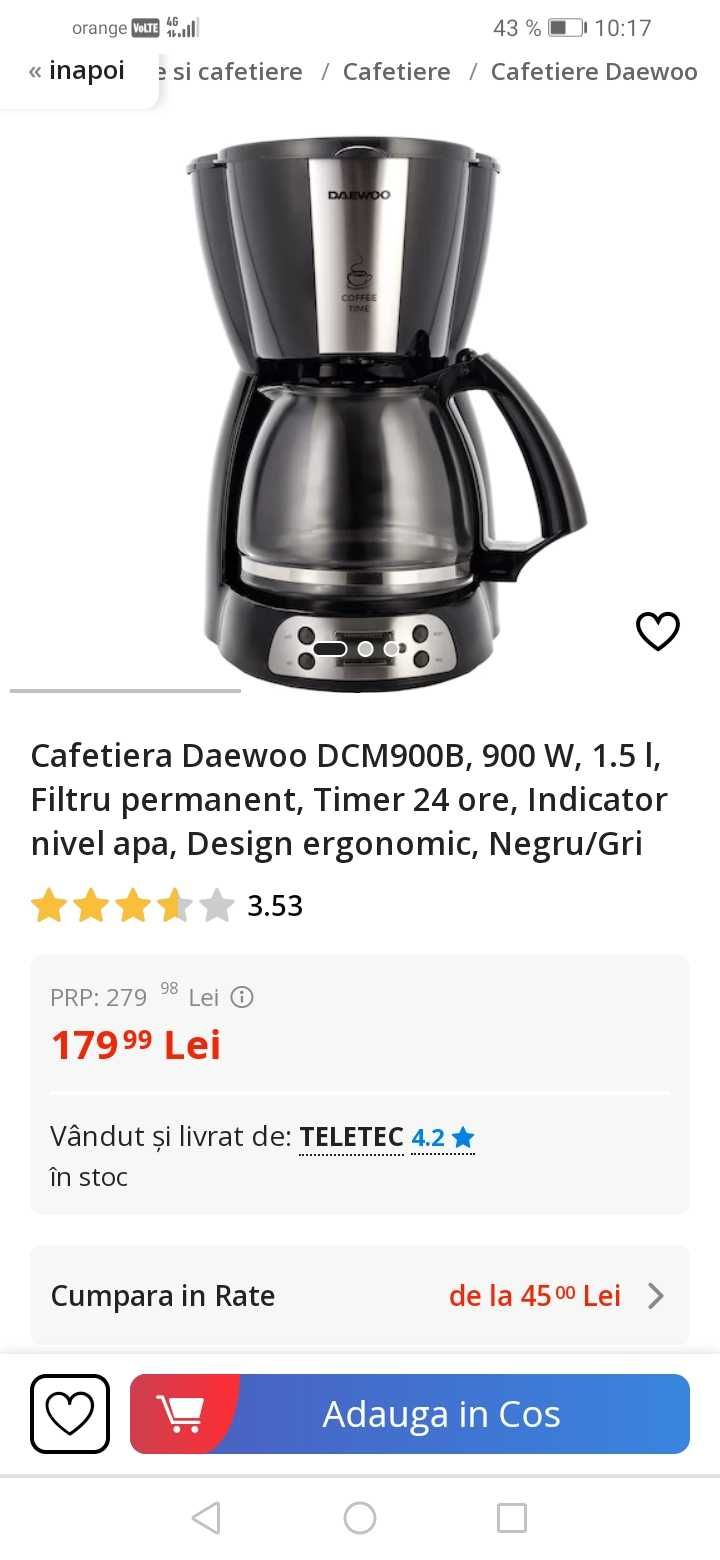 Cafetieră Daewoo cu filtru permanent