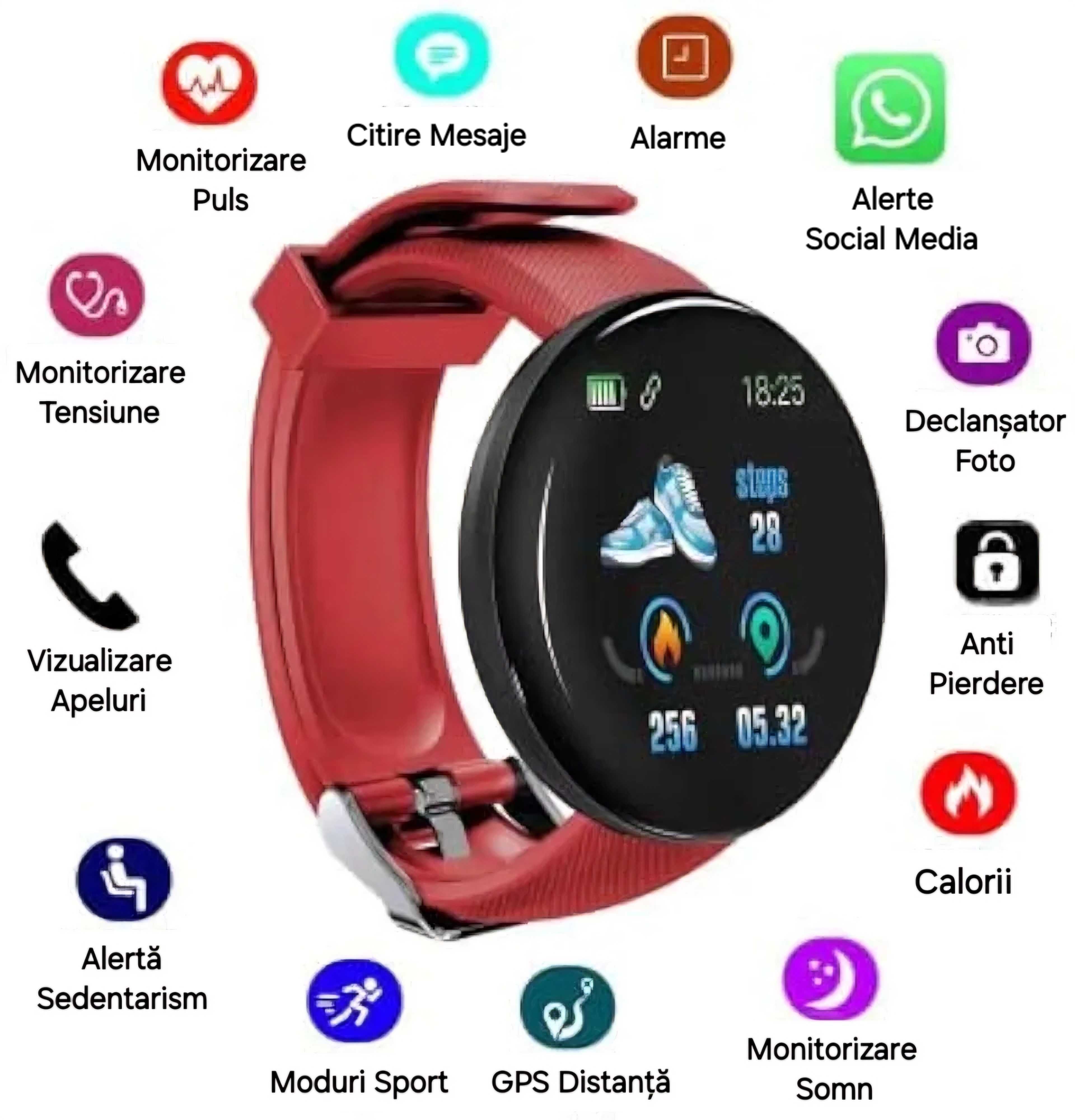 Set Smartwatch + 2 Curele Negru-Roșu. Vezi apeluri, mesaje, notificări