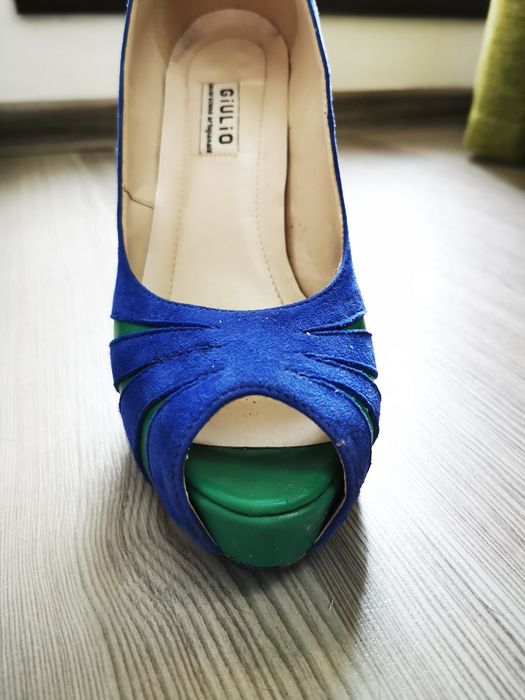 Pantofi dama piele albastru/verde peep toe stilettos cu platforma, 39