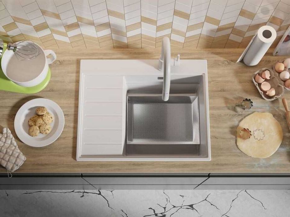 Бяла гранитна кухненска мивка Сидни 620-45 Ergo Multilevel 620х500