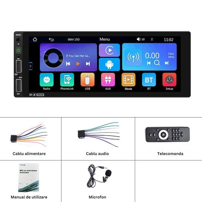 MP5 плейър Android auto Carplay 1 Din,Универсален,MaxTech®,6,86 инчовH