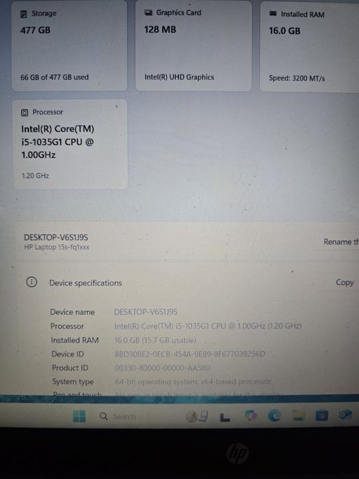 Laptop HP model:15s-fq1071nq  I5 16 giga 512 ssd