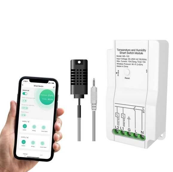 Двоен Wi-Fi прекъсвач с термодатчик температура и влажност Тuya smart