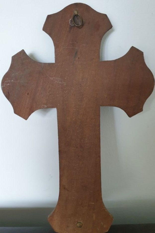 Crucifix vechi din lemn și bronz argintat, de secol XIX