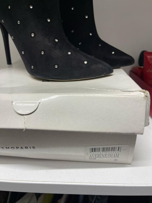 Botine piele întoarsă cu strasuri